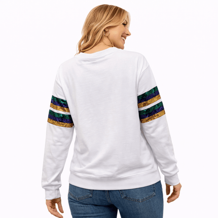 Mardi Gras Sequin Tee White Long Sleeve Festive Shirt - Mardi Gras Apparel - Adult, apparel discount tier, Block Letters - Sweatshirt