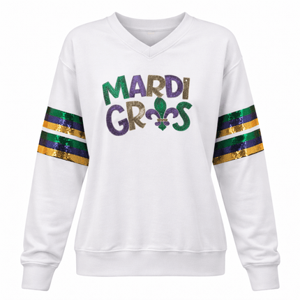 Mardi Gras Sequin Tee White Long Sleeve Festive Shirt - Mardi Gras Apparel - Adult, apparel discount tier, Block Letters - Sweatshirt