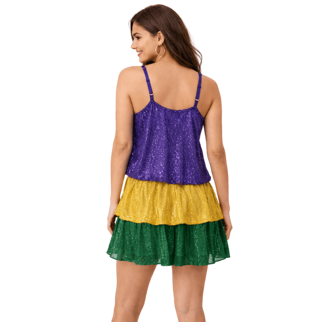 Mardi Gras Sequin Tiered Color Block Dress Purple, Gold & Green - Mardi Gras Apparel - Adult, Bibi, Bibi Top Chart - Dress