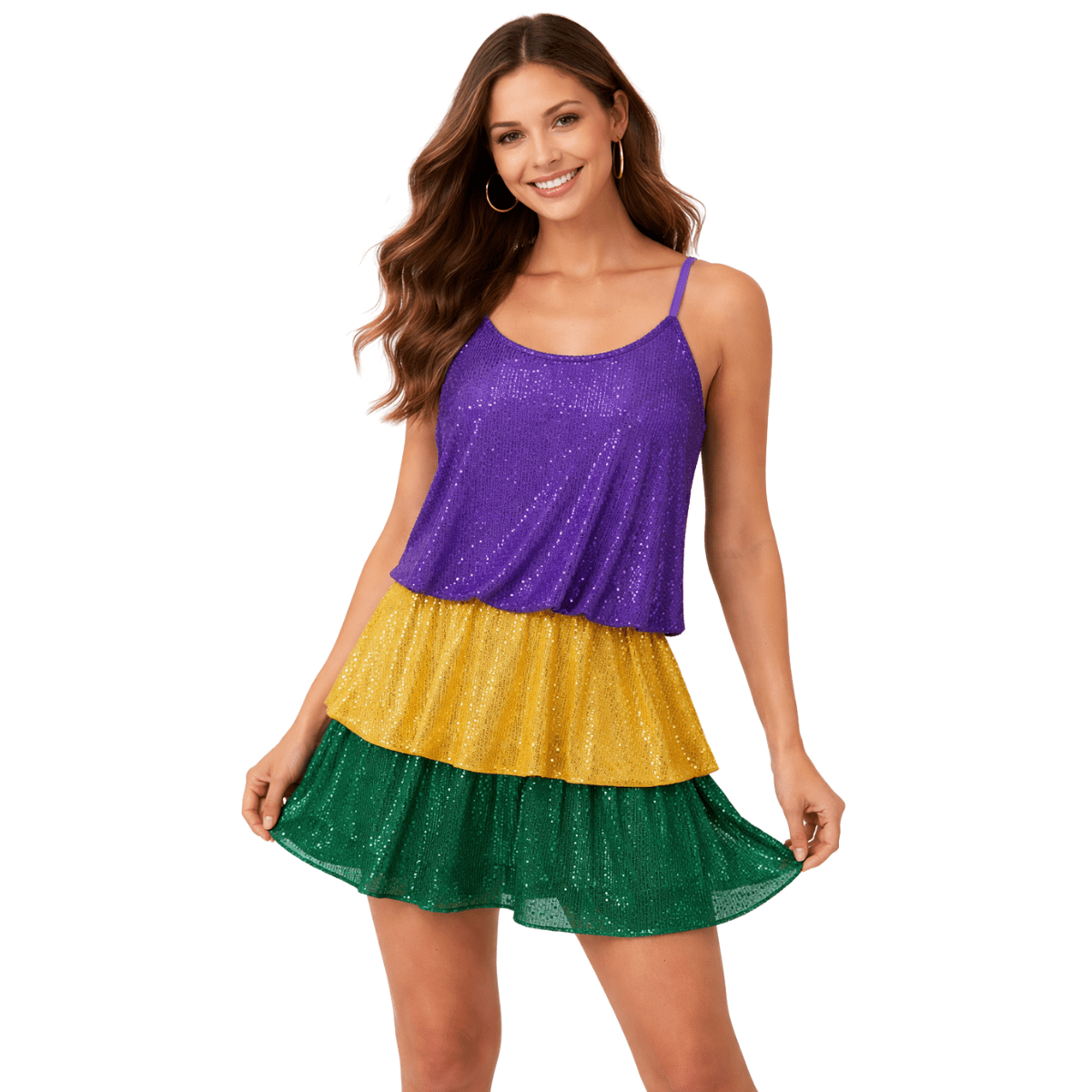 Mardi Gras Sequin Tiered Dress Purple Gold Green Carnival Dress Adult SM/MD Mardi Gras Sequin Tiered Dress Purple Gold Green Carnival Dress Adult SM/MD