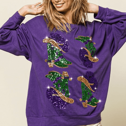 Mardi Gras Sequin Western Boots and Hat Patch Top - Mardi Gras Apparel - Adult, Front Design, Ladies - Sequin