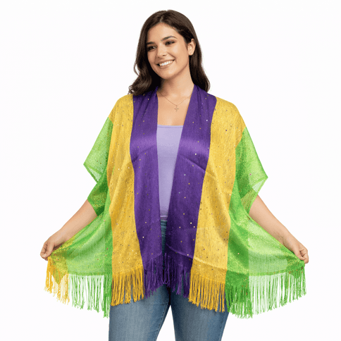 Mardi Gras Sheer Striped Fringe Poncho with rhinestones - Mardi Gras Apparel - Accessories, accessory discount tier, Ladies - Poncho
