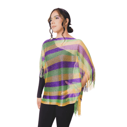 Mardi Gras Sheer Striped Fringe Poncho - Mardi Gras Apparel - Accessories, Ladies, Mardi Gras - Poncho