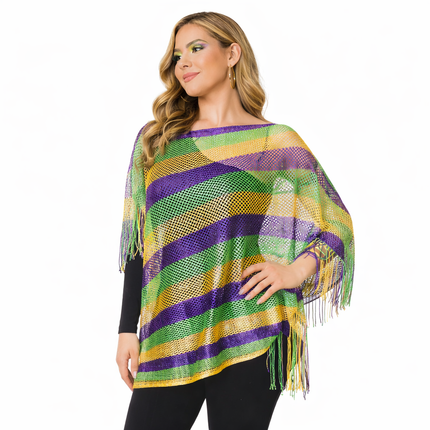 Mardi Gras Sheer Striped Fringe Poncho - Mardi Gras Apparel - Accessories, accessory discount tier, Ladies - Poncho