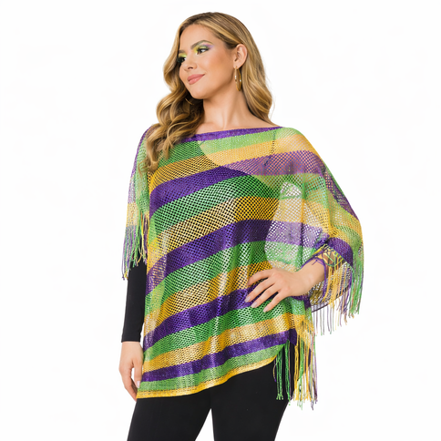 Mardi Gras Sheer Striped Fringe Poncho - Mardi Gras Apparel - Accessories, accessory discount tier, Ladies - Poncho