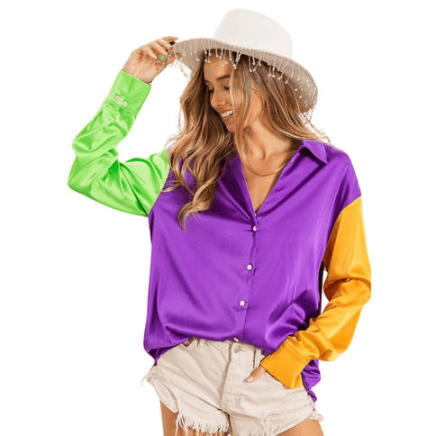 Mardi Gras Silky Satin V - Neck Button Closure Shirt - Mardi Gras Apparel - Adult, Bibi, Bibi Top Chart - Tops