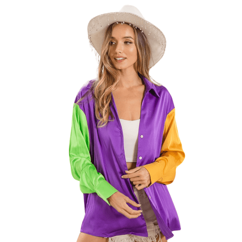 Mardi Gras Silky Satin V - Neck Button Closure Shirt - Mardi Gras Apparel - Adult, Bibi, Bibi Top Chart - Tops