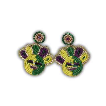 Mardi Gras Smiley Face Beaded Earrings with Rhinestones - Mardi Gras Apparel - Accessories, Earrings, Mardi Gras - Mardi Gras Earrings