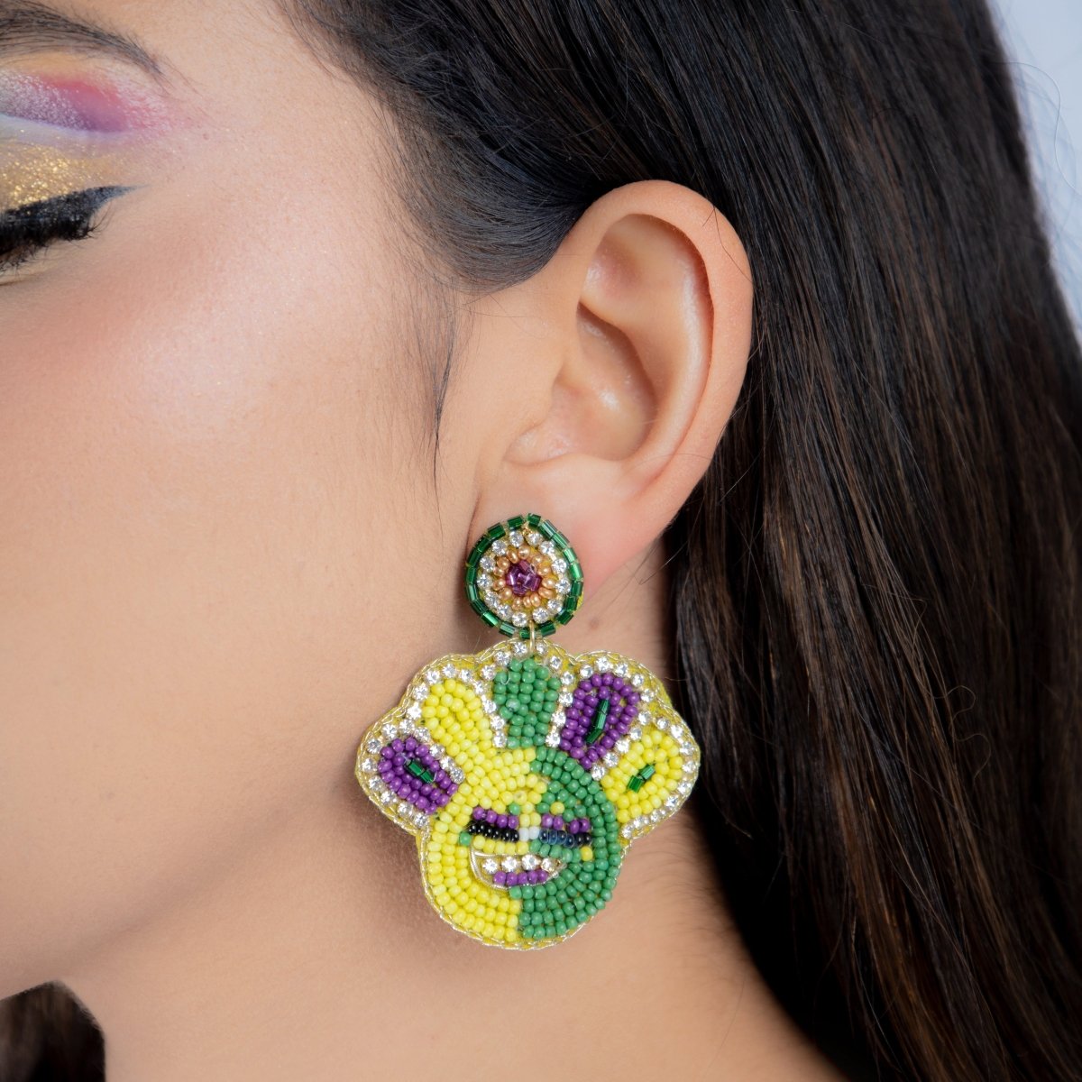 Mardi Gras Smiley Face Beaded Earrings with Rhinestones - Mardi Gras Apparel - Accessories, Earrings, Mardi Gras - Mardi Gras Earrings