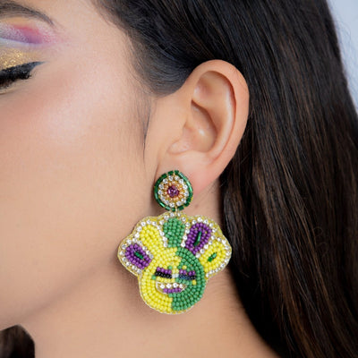 Mardi Gras Smiley Face Beaded Earrings with Rhinestones - Mardi Gras Apparel