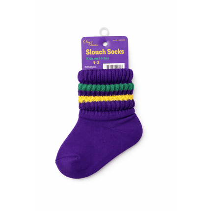 Mardi Gras Solid Purple Crew Socks with Green & Gold Stripe Cuff - Mardi Gras Apparel - Accessories, Adult, Gold - Socks