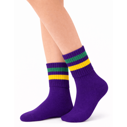 Mardi Gras Solid Purple Crew Socks with Green & Gold Stripe Cuff - Mardi Gras Apparel - Accessories, Adult, Gold - Socks