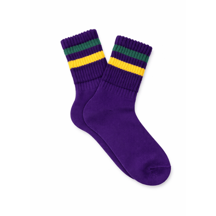 Mardi Gras Solid Purple Crew Socks with Green & Gold Stripe Cuff - Mardi Gras Apparel - Accessories, Adult, Gold - Socks