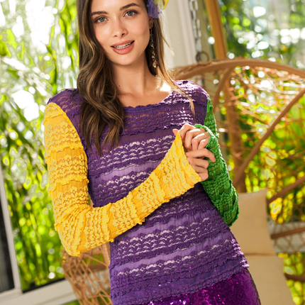 Mardi Gras Stretchy Lace Stripes Top - Mardi Gras Apparel - Adult, apparel discount tier, Green - Tee - Shirt