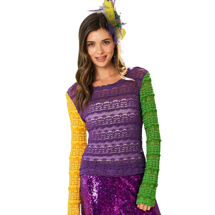 Mardi Gras Stretchy Lace Stripes Top - Mardi Gras Apparel - Adult, apparel discount tier, Green - Tee - Shirt