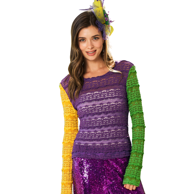Mardi Gras Stretchy Lace Stripes Top - Mardi Gras Apparel - Adult, apparel discount tier, Green - Tee - Shirt