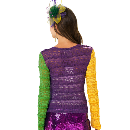 Mardi Gras Stretchy Lace Stripes Top - Mardi Gras Apparel - Adult, apparel discount tier, Green - Tee - Shirt