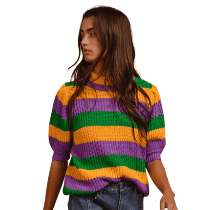 Mardi Gras Stripe Hacci Knit Half Sleeves Top - Mardi Gras Apparel - Adult, Bibi, Bibi Top Chart - Sequin Tops