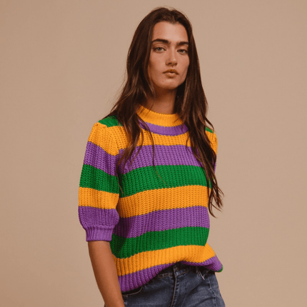 Mardi Gras Stripe Hacci Knit Half Sleeves Top - Mardi Gras Apparel - Adult, Bibi, Bibi Top Chart - Sequin Tops