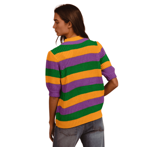 Mardi Gras Stripe Hacci Knit Half Sleeves Top - Mardi Gras Apparel - Adult, Bibi, Bibi Top Chart - Sequin Tops