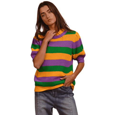 Mardi Gras Stripe Hacci Knit Half Sleeves Top - Mardi Gras Apparel - Adult, Bibi, Bibi Top Chart - Sequin Tops
