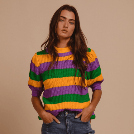 Mardi Gras Stripe Hacci Knit Half Sleeves Top - Mardi Gras Apparel - Adult, Bibi, Bibi Top Chart - Sequin Tops