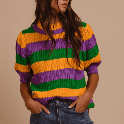 Mardi Gras Stripe Hacci Knit Half Sleeves Top - Mardi Gras Apparel - Adult, Bibi, Bibi Top Chart - Sequin Tops