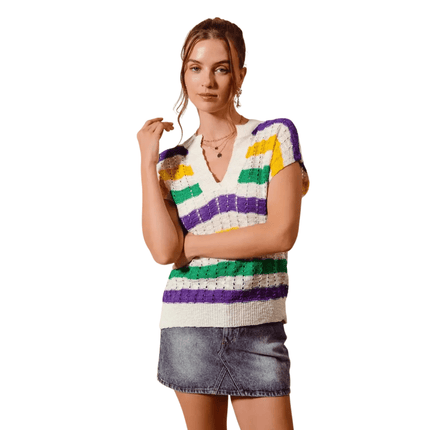 Mardi Gras Stripe Open Knit Dolman Sweater Top Ivory - Mardi Gras Apparel - Adult, apparel discount tier, Crew Neck - Sweater