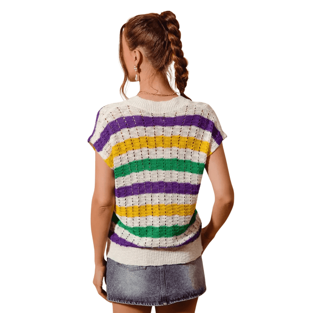 Mardi Gras Stripe Open Knit Dolman Sweater Top Ivory - Mardi Gras Apparel - Adult, apparel discount tier, Crew Neck - Sweater