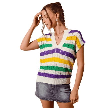 Mardi Gras Stripe Open Knit Dolman Sweater Top Ivory - Mardi Gras Apparel - Adult, apparel discount tier, Crew Neck - Sweater