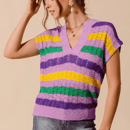 Mardi Gras Stripe Open Knit Dolman Sweater Top Purple - Mardi Gras Apparel - Adult, apparel discount tier, Crew Neck - Sweater