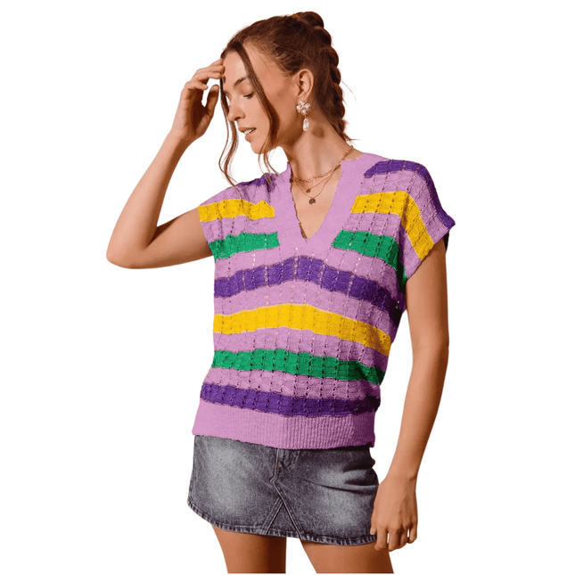 Mardi Gras Stripe Open Knit Dolman Sweater Top Purple - Mardi Gras Apparel - Adult, apparel discount tier, Crew Neck - Sweater