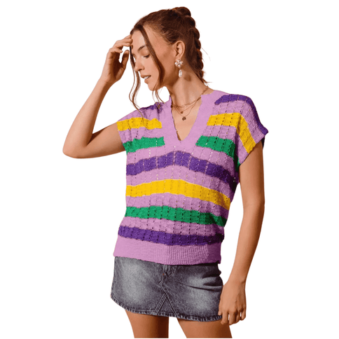 Mardi Gras Stripe Open Knit Dolman Sweater Top Purple - Mardi Gras Apparel - Adult, apparel discount tier, Crew Neck - Sweater