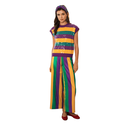 Mardi Gras Stripe Pants - Mardi Gras Apparel - Adult, Gold, Green - Leggings