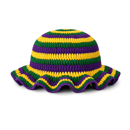 Mardi Gras Striped Crochet Ruffle Bucket Hat - Mardi Gras Apparel - Accessories, Adult, beanie - Beanie