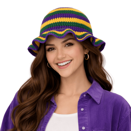 Mardi Gras Striped Crochet Ruffle Bucket Hat - Mardi Gras Apparel - Accessories, Adult, beanie - Beanie