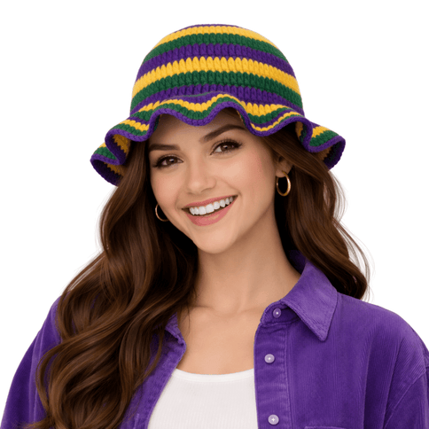 Mardi Gras Striped Crochet Ruffle Bucket Hat - Mardi Gras Apparel - Accessories, Adult, beanie - Beanie