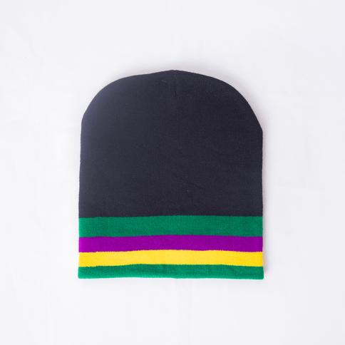 Mardi Gras Striped Knit Beanie – Black with Green, Purple & Gold Trim - Mardi Gras Apparel - Accessories, Adult, beanie - Beanie