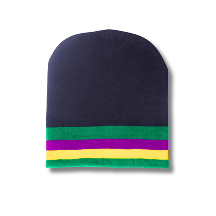 Mardi Gras Striped Knit Beanie – Black with Green, Purple & Gold Trim - Mardi Gras Apparel - Accessories, Adult, beanie - Beanie