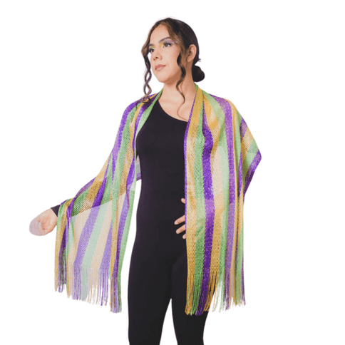 Mardi Gras Striped Mesh Fringe Scarf - Mardi Gras Apparel - Accessories, Ladies, Mardi Gras - Scarf