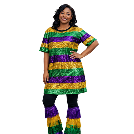 Mardi Gras Striped Sequin Celebration Dress - Mardi Gras Apparel - Adult, Dress, Gold - Dress