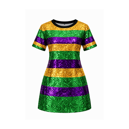 Mardi Gras Striped Sequin Celebration Dress - Mardi Gras Apparel - Adult, Dress, Gold - Dress