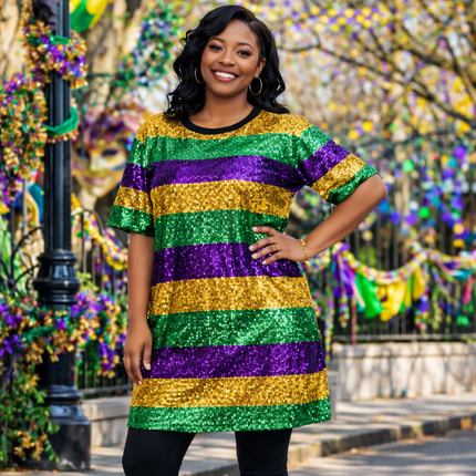 Mardi Gras Striped Sequin Celebration Dress - Mardi Gras Apparel - Adult, Dress, Gold - Dress