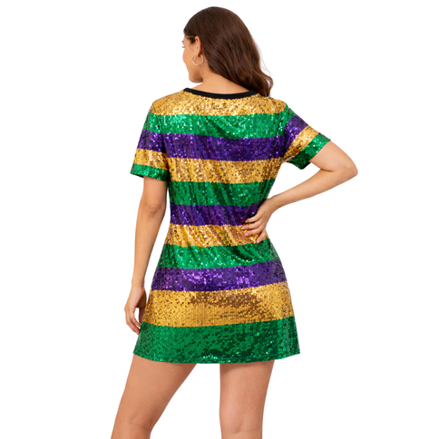 Mardi Gras Striped Sequin Celebration Dress - Mardi Gras Apparel - Adult, Dress, Gold - Dress