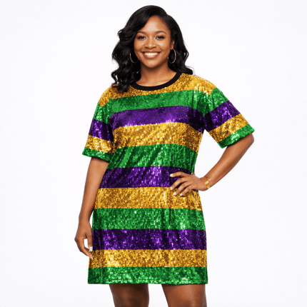 Mardi Gras Striped Sequin Celebration Dress - Mardi Gras Apparel - Adult, Dress, Gold - Dress