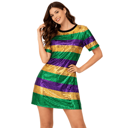 Mardi Gras Striped Sequin Celebration Dress - Mardi Gras Apparel - Adult, Dress, Gold - Dress