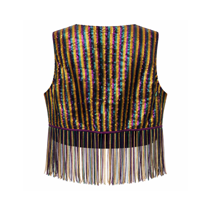 Mardi Gras Striped Sequin Fringe Crop Vest – Purple, Gold & Green - Mardi Gras Apparel - Adult, Ladies, Mardi Gras - Vest
