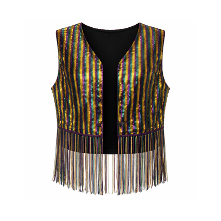 Mardi Gras Striped Sequin Fringe Crop Vest – Purple, Gold & Green - Mardi Gras Apparel - Adult, Ladies, Mardi Gras - Vest