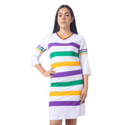 Mardi Gras Striped V - Neck Panel Dress - Mardi Gras Apparel - Adult, Collared, Dress - Dress