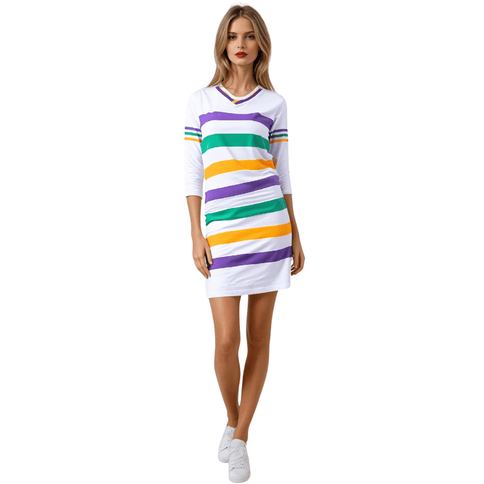 Mardi Gras Striped V - Neck Panel Dress - Mardi Gras Apparel - Adult, Collared, Dress - Dress